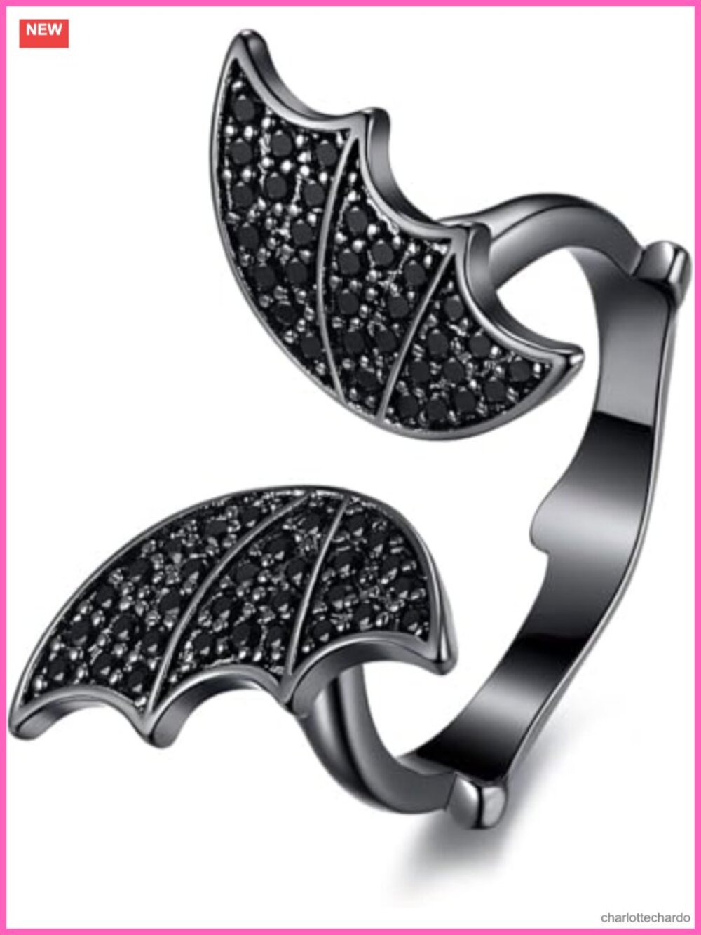 Gothic Bat Ring for Women 18K Black Gold Plated Cubic Zirconia Adjustable